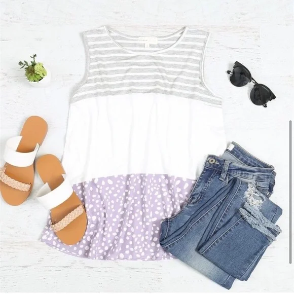 Grey ivory lavender mixed media sleeveless spring top - Picture 3 of 3